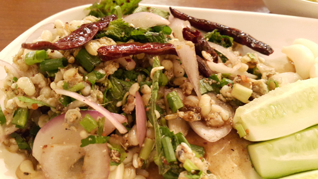 Spicy Raw Ant Eggs Salad (Koi Khai Mot Dang), Bangkok, Thailand